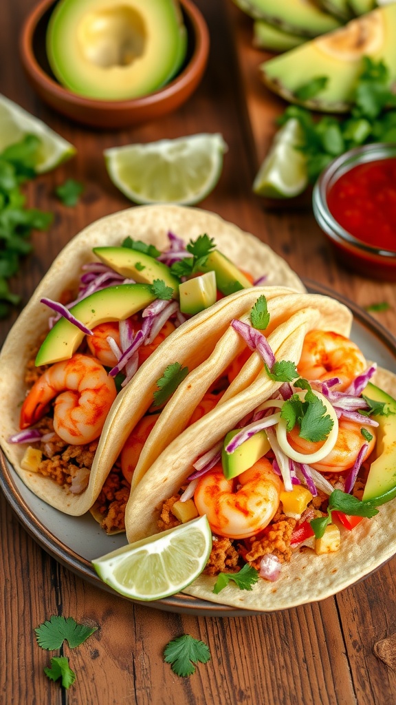 Shrimp and chorizo tacos topped with avocado and cilantro, served with lime and salsa on a rustic wooden table.